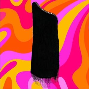 vintage 00’s one shoulder black fringe dress